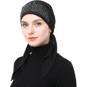 Women Slip-On Rhinestone Pre-Tied Beanie Headwear, Turban Covering Wrap Beanie Caps Headscarf, Polyester Fabric Stretchy Elastic Band Headwrap for Sleep Hair Cover Hat Black in Kuwait