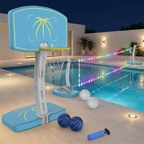 Pool Basketball Hoop and LED Volleyball Net Combo Set, with Stainless Steel Frame, 8 Lighting Modes, Dual-Mode Summer Pool Toy, Includes 4 Balls/2 Bases/2 Water Bags/1 Pump in Kuwait