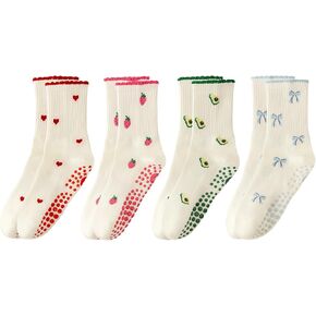 Yawlsow 4 Pairs Cute Pilates Grip Socks for Women, Ruffle Yoga Non Slip Socks for Barre Ballet Hospital in Saudi Arabia