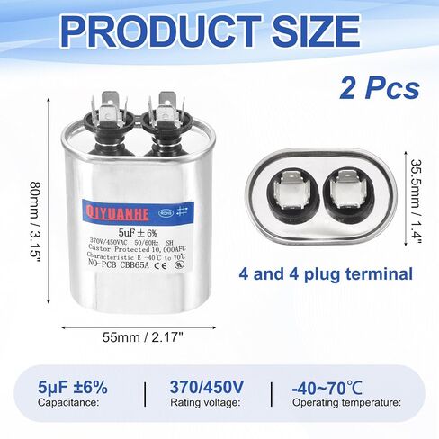 MECCANIXITY 2 Pack CBB65 Capacitor, 2.5uF 370/450V Oval Run Start Capacitor for AC Electric Motor Start HVAC Compressor Generator Air Condenser Straight Cool Heat Pump in Kuwait