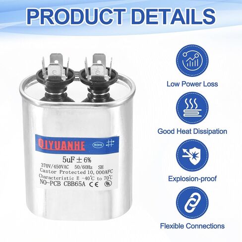 MECCANIXITY 2 Pack CBB65 Capacitor, 2.5uF 370/450V Oval Run Start Capacitor for AC Electric Motor Start HVAC Compressor Generator Air Condenser Straight Cool Heat Pump in Kuwait