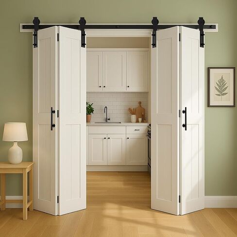 S&Z TOPHAND® 48X84in (12x4) باب الحظيرة أبيض ثنائي الطي، باب منزلق مزدوج قابل للطي مع مجموعة أدوات ومقبض، MDF صلب مع سطح PVC مقاوم للماء، لا يتطلب التجميع in Kuwait
