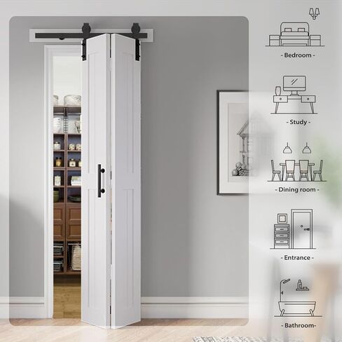 S&Z TOPHAND® 48X84in (12x4) باب الحظيرة أبيض ثنائي الطي، باب منزلق مزدوج قابل للطي مع مجموعة أدوات ومقبض، MDF صلب مع سطح PVC مقاوم للماء، لا يتطلب التجميع in Kuwait