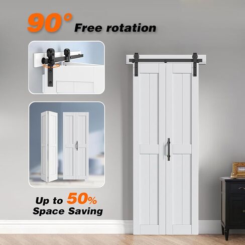 S&Z TOPHAND® 48X84in (12x4) باب الحظيرة أبيض ثنائي الطي، باب منزلق مزدوج قابل للطي مع مجموعة أدوات ومقبض، MDF صلب مع سطح PVC مقاوم للماء، لا يتطلب التجميع in Kuwait