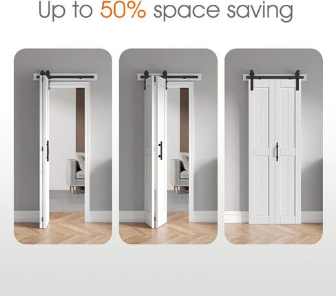 S&Z TOPHAND® 48X84in (12x4) باب الحظيرة أبيض ثنائي الطي، باب منزلق مزدوج قابل للطي مع مجموعة أدوات ومقبض، MDF صلب مع سطح PVC مقاوم للماء، لا يتطلب التجميع in Kuwait