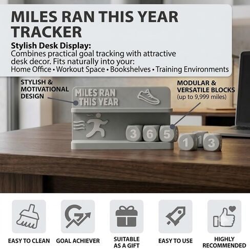 جهاز تعقب الأميال للجري على سطح المكتب مع مكعبات أرقام دوارة، عرض أهداف المسافة السنوية للعدائين، متتبع تقدم تدريب الماراثون، ديكور مكتب تحفيز اللياقة البدنية، عداد الأميال التناظري in Kuwait