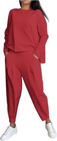 المرأة 2 قطعة صالة ملابس طويلة الأكمام Crewneck القمم عالية الخصر عداء ببطء سراويلي حريمي مجموعة السفر عطلة رياضية in Kuwait