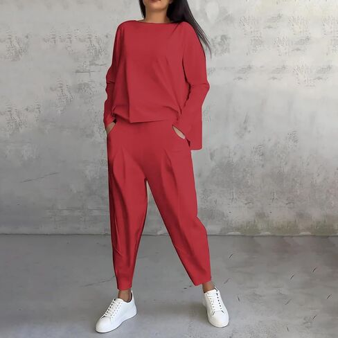 المرأة 2 قطعة صالة ملابس طويلة الأكمام Crewneck القمم عالية الخصر عداء ببطء سراويلي حريمي مجموعة السفر عطلة رياضية in Kuwait