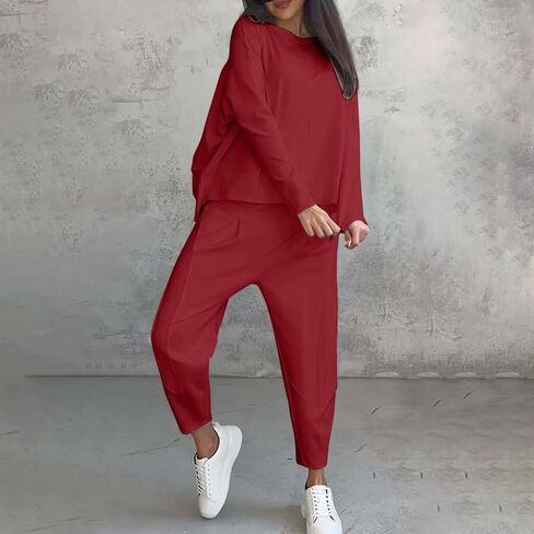 المرأة 2 قطعة صالة ملابس طويلة الأكمام Crewneck القمم عالية الخصر عداء ببطء سراويلي حريمي مجموعة السفر عطلة رياضية in Kuwait
