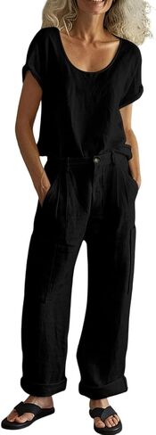 Women Lounge Set 2 Piece Short Sleeve Crew Neck T-Shirt Top and Wide Leg Cargo Pants with Pockets Matching Travel Outfit in Kuwait