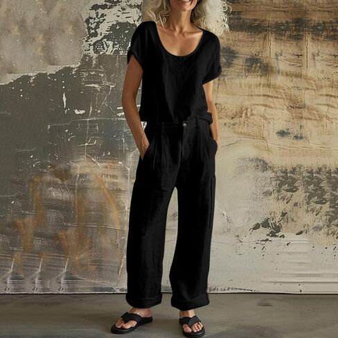 Women Lounge Set 2 Piece Short Sleeve Crew Neck T-Shirt Top and Wide Leg Cargo Pants with Pockets Matching Travel Outfit in Kuwait