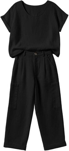 Women Lounge Set 2 Piece Short Sleeve Crew Neck T-Shirt Top and Wide Leg Cargo Pants with Pockets Matching Travel Outfit in Kuwait