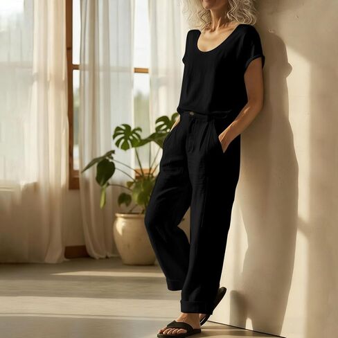 Women Lounge Set 2 Piece Short Sleeve Crew Neck T-Shirt Top and Wide Leg Cargo Pants with Pockets Matching Travel Outfit in Kuwait