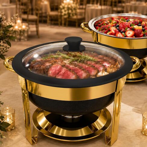 6QT Round Chafing Dish Set of 4, White Granite Finish Stainless Steel with Transparent Lids Elegant Buffet Servers & Warmers, Stackable Storage | Wedding, Catering, Party in Kuwait