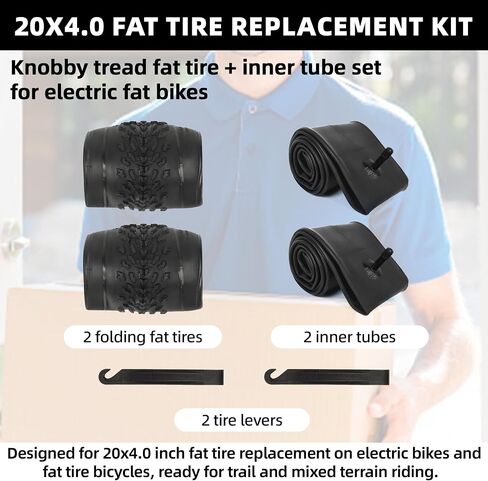 CalPalmy 2-Pack 20x4.0 Ebike Tire Replacement Kit, 20 Inch Fat Bike Tire with Inner Tubes & Tire Levers, Knobby Tread Folding Tire for Trail, Gravel & Mixed Terrain Riding in Kuwait