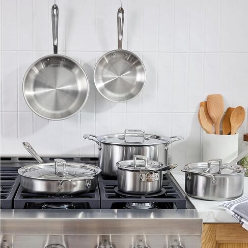 مجموعة أواني طهي من الفولاذ المقاوم للصدأ بالكامل D5® مكونة من 10 قطع - مصنوعة في الولايات المتحدة الأمريكية - الترقية للحصول على حرارة متساوية للغاية - تتضمن مقالي ومقلاة ومقلاة ومقلاة ومرق - آمن في الفرن ومتوافق مع الحث in Kuwait