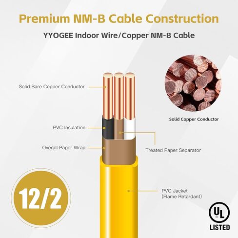 سلك 12/2 NM-B مع أرضي، سلك 100 قدم 12 سلك مغلف صلب من النحاس النقي غير المعدني، سلك كهربائي موصل 12 AWG 2 للأسلاك الداخلية السكنية والمفاتيح والإضاءة (أصفر) in Kuwait
