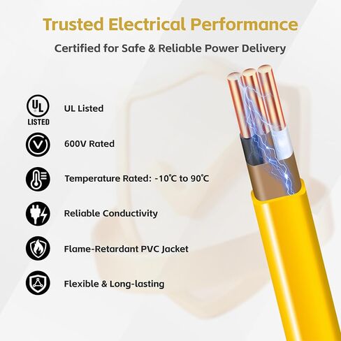 سلك 12/2 NM-B مع أرضي، سلك 100 قدم 12 سلك مغلف صلب من النحاس النقي غير المعدني، سلك كهربائي موصل 12 AWG 2 للأسلاك الداخلية السكنية والمفاتيح والإضاءة (أصفر) in Kuwait