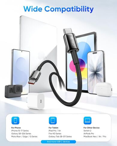 SUNGUY 100W USB C to USB C Cable [2-Pack 3.3FT] Zinc Alloy 5A Fast Charging USBC to USBC Cable, Nylon Braided USB Type C Charger Cord for iPhone 17/16/15, MacBook, iPad Pro, Samsung S26/S25/S24/S23 in Kuwait