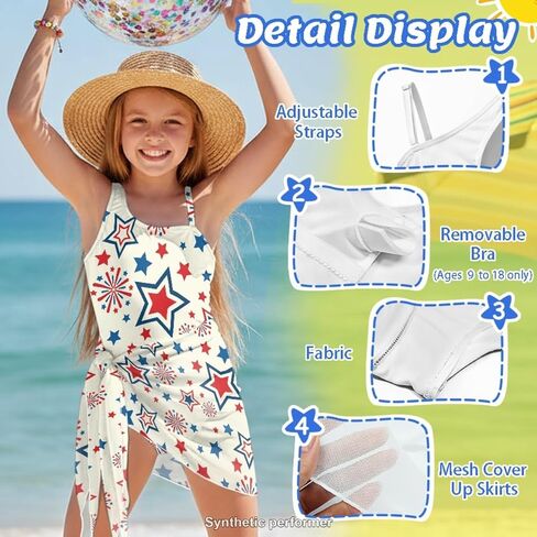 ملابس السباحة Jeiento Summer Hawaiian مع Beach Sarong للفتيات، بدلة سباحة رياضية للمراهقين من قطعة واحدة للحماية من الشمس in Kuwait
