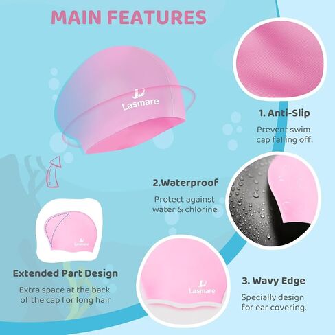 Silicone Swim Cap for Kids with Long Hair, 3 Sizes for Toddlers, Children & Teens Age 1–15, Waterproof Swimming Hat for Girls & Boys,Secure Fit & Hair Protection-Light Red in Kuwait