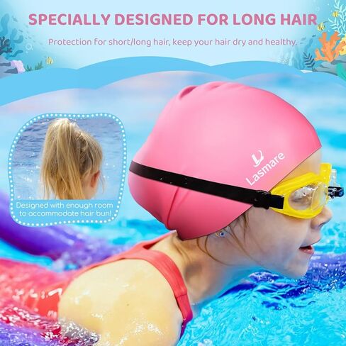 Silicone Swim Cap for Kids with Long Hair, 3 Sizes for Toddlers, Children & Teens Age 1–15, Waterproof Swimming Hat for Girls & Boys,Secure Fit & Hair Protection-Light Red in Kuwait