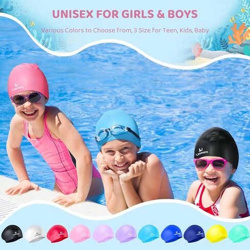 Silicone Swim Cap for Kids with Long Hair, 3 Sizes for Toddlers, Children & Teens Age 1–15, Waterproof Swimming Hat for Girls & Boys,Secure Fit & Hair Protection-Light Red in Kuwait