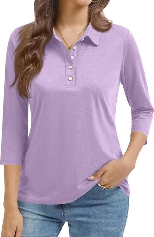 Women Polo Shirts 3/4 Sleeve Button Down Collared Golf Tee Business Casual Summer Work Tops Athletic Tennis Shirts in Kuwait