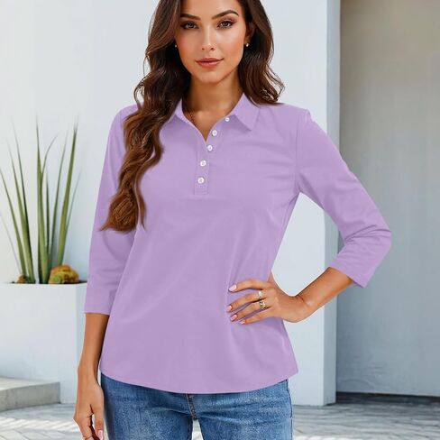 Women Polo Shirts 3/4 Sleeve Button Down Collared Golf Tee Business Casual Summer Work Tops Athletic Tennis Shirts in Kuwait