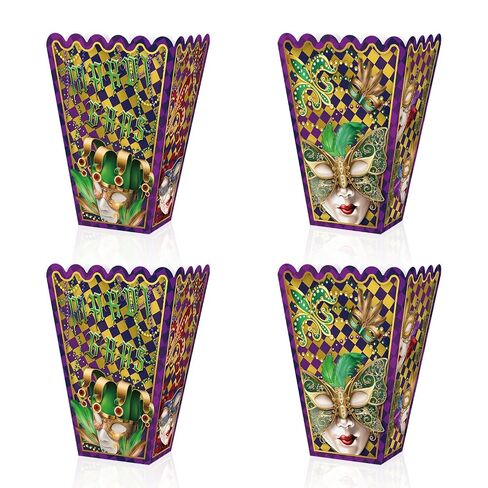 12 Mardi Gras Popcorn Boxes Easy Assembly - Carnival Masquerade Parade Popcorn Bowls Square Buckets Containers Tub Paper Cups Holders Fat Tuesday Movie Night Kids Party Individual Servings in Kuwait