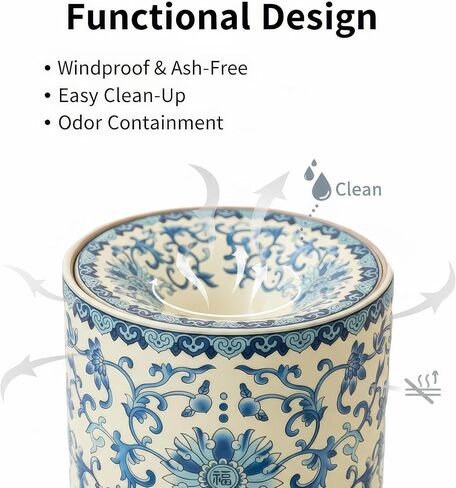 Chinese Blue and White Porcelain Ashtray - Ceramic Floral Design with Funnel Top, Windproof Ash Holder or Tea Dregs for Home Office Decor, "Fu" Feng Shui Luck Symbol. in Kuwait