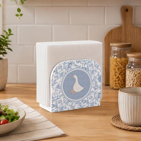 Chinoiserie Goose Floral Napkin Holder for Table, Blue and White Grandmillennial Goose Wooden Standing Napkin Dispenser Holder for Kitchen Dining Room Party Cocktail Bar Decor in Kuwait