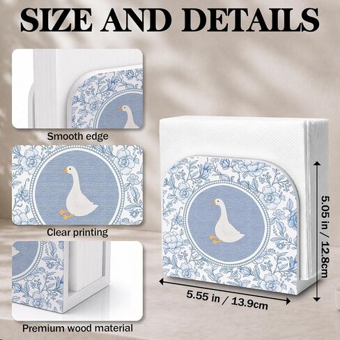 Chinoiserie Goose Floral Napkin Holder for Table, Blue and White Grandmillennial Goose Wooden Standing Napkin Dispenser Holder for Kitchen Dining Room Party Cocktail Bar Decor in Kuwait