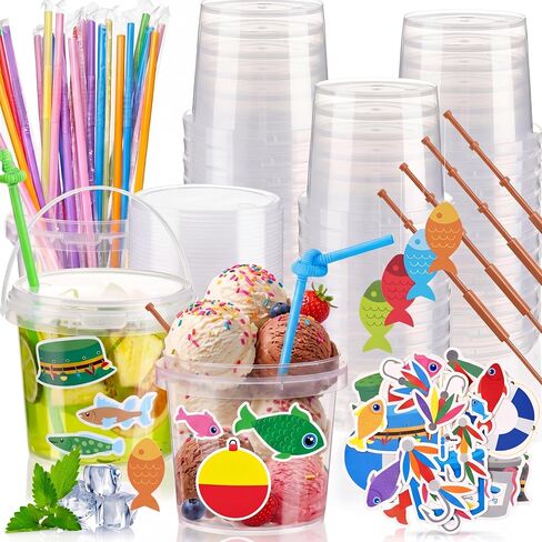 Funnymoom 24 Pack 25 oz Gone Fishing Clear Plastic Drink Buckets with Lid and Straw Fish Bobber Reusable Fishing Party Cups Ice Cream Buckets Gifts for Birthday Party Favor Supplies in Kuwait