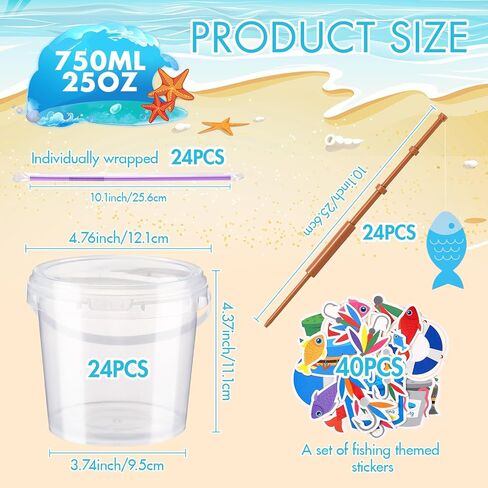 Funnymoom 24 Pack 25 oz Gone Fishing Clear Plastic Drink Buckets with Lid and Straw Fish Bobber Reusable Fishing Party Cups Ice Cream Buckets Gifts for Birthday Party Favor Supplies in Kuwait