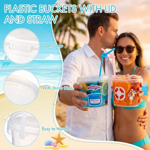Funnymoom 24 Pack 25 oz Gone Fishing Clear Plastic Drink Buckets with Lid and Straw Fish Bobber Reusable Fishing Party Cups Ice Cream Buckets Gifts for Birthday Party Favor Supplies in Kuwait