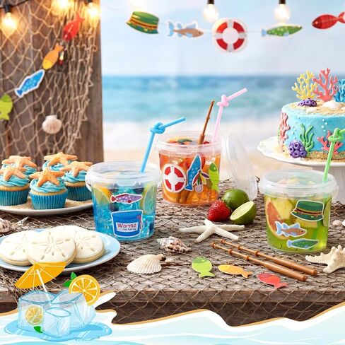 Funnymoom 24 Pack 25 oz Gone Fishing Clear Plastic Drink Buckets with Lid and Straw Fish Bobber Reusable Fishing Party Cups Ice Cream Buckets Gifts for Birthday Party Favor Supplies in Kuwait