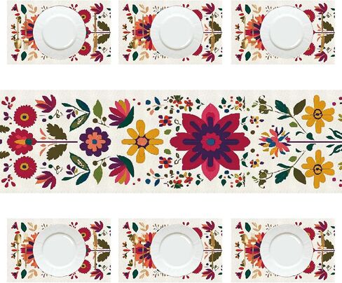 مجموعة مفرش طاولة ومفارش زهور من ANNA QUEEN Boho مكونة من 6 قطع، مفرش طاولة مقاس 13 بوصة × 72 بوصة مع مفارش مقاس 12 بوصة × 18 بوصة، ديكور طاولة الفن الشعبي لطاولة الطعام وحفلات الزفاف والمطبخ للاستخدام اليومي in Kuwait