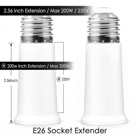 QWORK E26 Light Socket Extender 2.56 Inch Extension, 2 PackMedium Screw Base Adapter Max 200W Heat Resistant Flame Retardant Material Easy Twist Installation in Kuwait