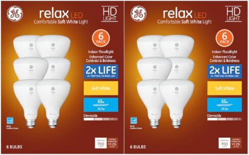 GE Relax 65 W مكافئ للضوء الأبيض الناعم Br30 LED، لمبة إضاءة فيضانات قابلة للتعتيم 3X Life (12 حزمة) in Kuwait