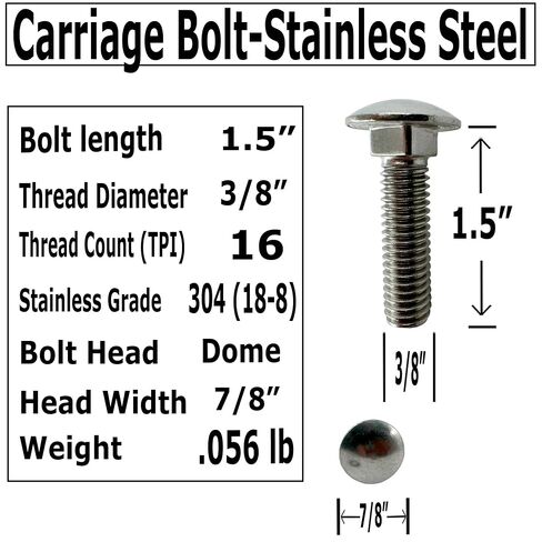 (10) 3/8-16 x 1.5"- 304 (18-8) Grade Stainless Steel Carriage Bolts Screws Dome Head Nuts & Washers Included for Trailer Deck Floors headboards-Rust Resistant by BRAUNY BOY- Qty (10) in Kuwait