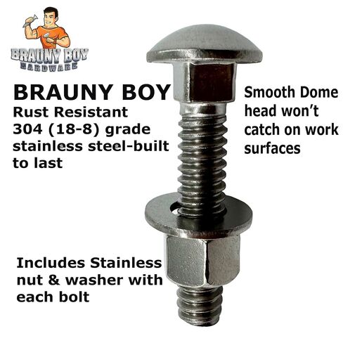 (10) 3/8-16 x 1.5"- 304 (18-8) Grade Stainless Steel Carriage Bolts Screws Dome Head Nuts & Washers Included for Trailer Deck Floors headboards-Rust Resistant by BRAUNY BOY- Qty (10) in Kuwait