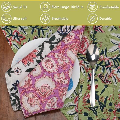 Marubhumi 10 Pc Cotton Cloth Napkins- Hand Block Print, Eco-Friendly, Dinner Napkins, Floral,Hand Made Size 16x16 Inch Printed Home Decor Multicolored in Kuwait