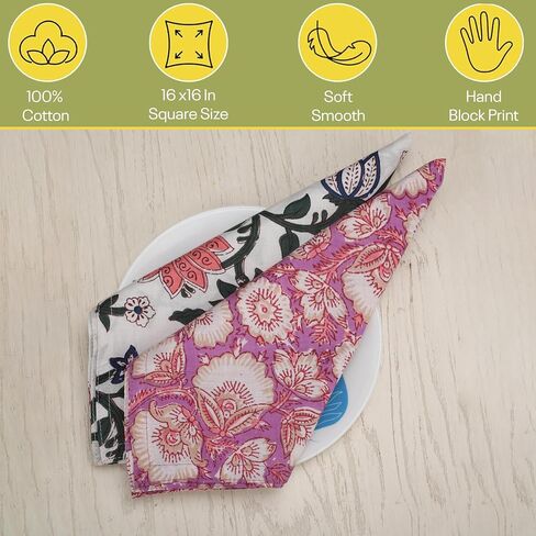 Marubhumi 10 Pc Cotton Cloth Napkins- Hand Block Print, Eco-Friendly, Dinner Napkins, Floral,Hand Made Size 16x16 Inch Printed Home Decor Multicolored in Kuwait