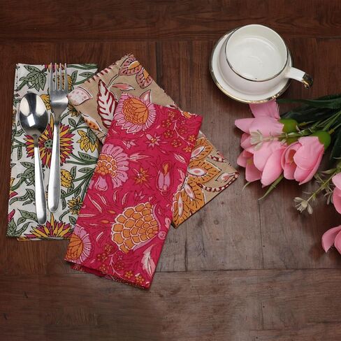 Marubhumi 10 Pc Cotton Cloth Napkins- Hand Block Print, Eco-Friendly, Dinner Napkins, Floral,Hand Made Size 16x16 Inch Printed Home Decor Multicolored in Kuwait