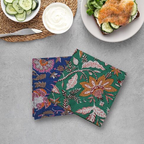 Marubhumi 10 Pc Cotton Cloth Napkins- Hand Block Print, Eco-Friendly, Dinner Napkins, Floral,Hand Made Size 16x16 Inch Printed Home Decor Multicolored in Kuwait