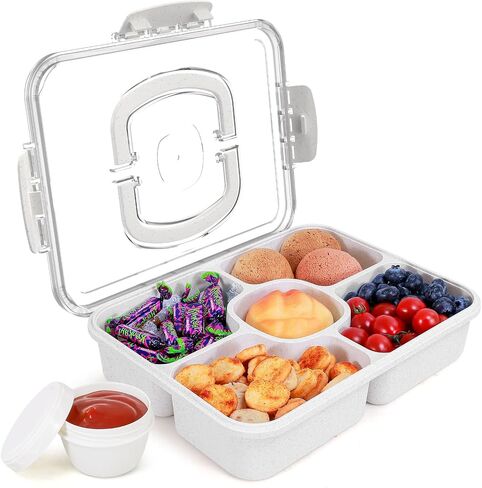 Large Snackle Box Container with Dip Container, 5 Compartments Snack Container with Lid and Handle, Veggie Fruit Divided Serving Tray for Party, Picnic, Dishwasher Safe, BPA-Free in Saudi Arabia