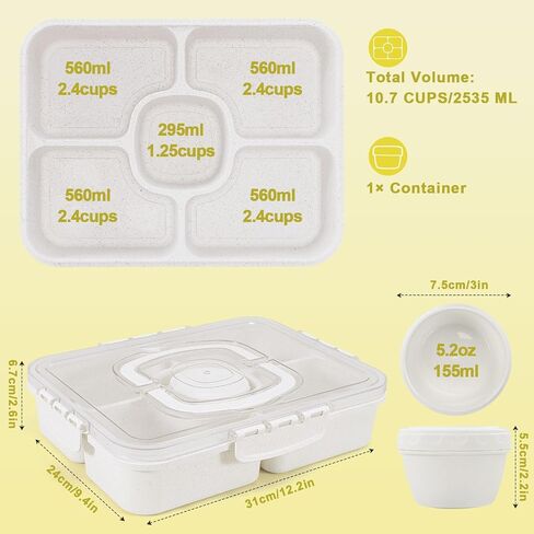 Large Snackle Box Container with Dip Container, 5 Compartments Snack Container with Lid and Handle, Veggie Fruit Divided Serving Tray for Party, Picnic, Dishwasher Safe, BPA-Free in Saudi Arabia