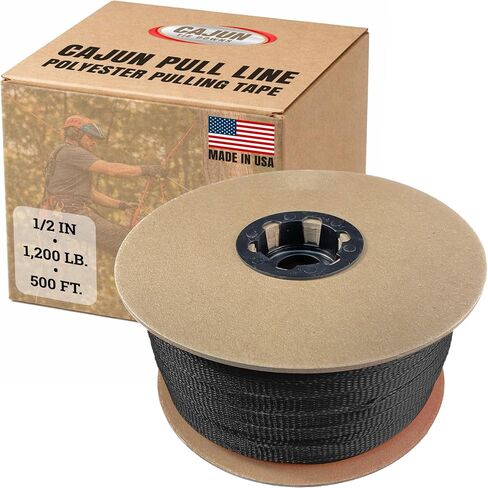 خط سحب Cajun Tie Downs - 1/2 بوصة، 1200 رطل، شريط سحب بوليستر مسطح، سحب سلك القناة، صنع في الولايات المتحدة الأمريكية، أسود، 500 قدم in Kuwait
