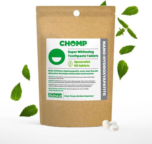 Chomp Super Whitening Toothpaste Tablets with 5% Nano Hydroxyapatite (nHA) – Fluoride Free Spearmint Toothpaste Tablets for Enamel Remineralization, Sensitive Teeth & Fresh Breath, 60 Count in Kuwait
